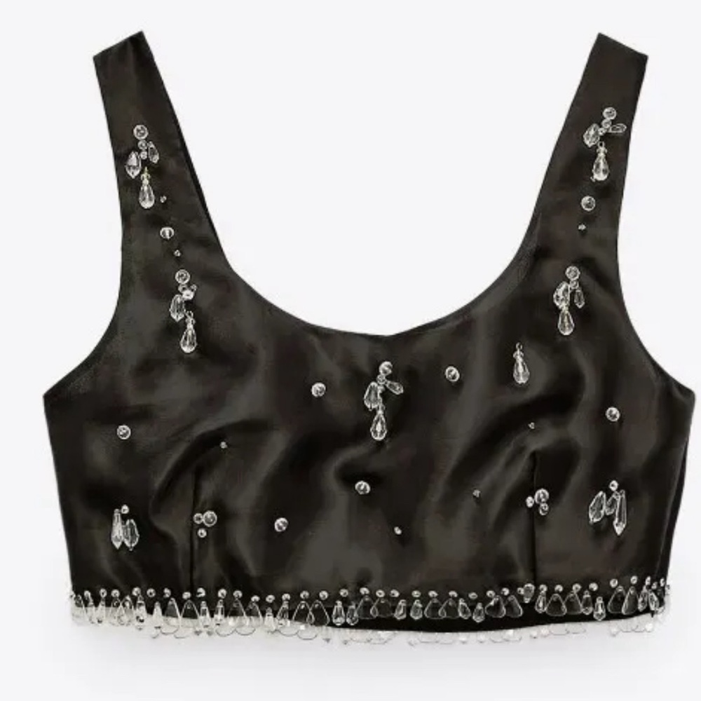 Zara limited edition black clear beaded jewelled sleeveless crop top Sz S NWT - Picture 6 of 16